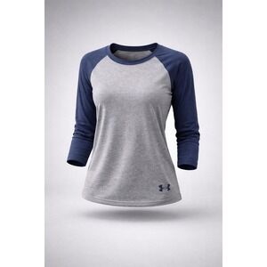 Under Armour HeatGear Womens XL Gray Navy‎ Blue Raglan Long Sleeve Baseball Tee